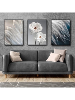 Harikabirev Mavi-Beyaz Çiçek Tüy Modern Tablo | 3lü Dikey Çerçevesiz Kanvas Tablo Çsdkyknvs