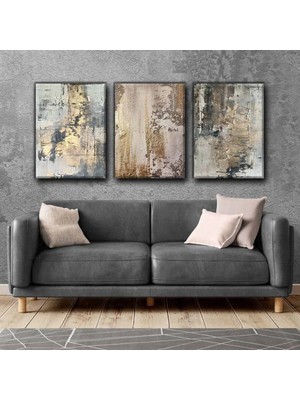Harikabirev Gri- Altın Abstract Tablo 02 |3lü Dikey Çerçevesiz Kanvas Tablo Çsdkyknvs
