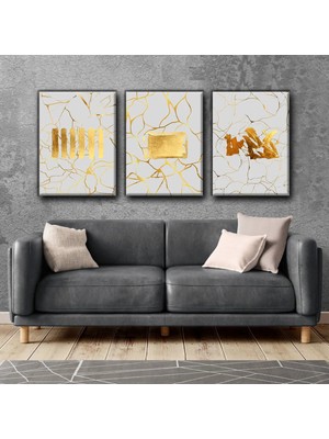 Harikabirev Elegant Gri-Altın Tablo |3lü Dikey Çerçevesiz Kanvas Tablo Çsdkyknvs