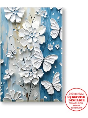 Harikabirev Kanvas-Duvar-Salon Tablosu Yağlı Boya Efektli Kelebek Çiçek-2|tekli Dikey Çerçevesiz Tablo