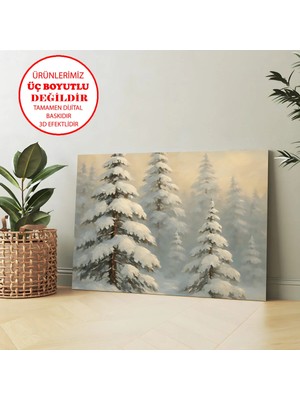 Harikabirev Kanvas-Duvar-Salon Tablosu Yağlı Boya Kış Soğuk Ağaçlar | Yatay Çerçevesiz Kanvas Tablo