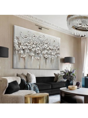 Harikabirev|beyaz-Gri Çiçekli Tablo 7 |tekli Çerçevesiz Yatay Kanvas Tablo