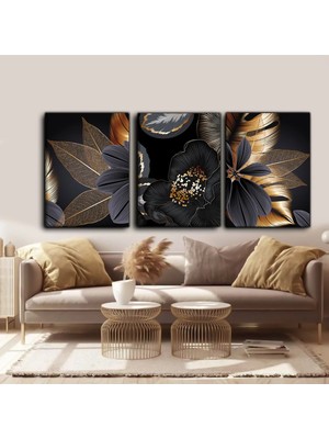 Harikabirev Gold-Siyah Çiçek Tüy Modern Tablo 02 | 3lü Dikey Çerçevesiz Kanvas Tablo Çsdkyknvs