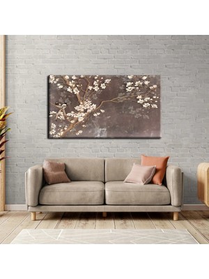 Harikabirev|krem-Gri Soft Ağaç Çiçek Tablosu|tekli Çerçevesiz Yatay Kanvas Tablo
