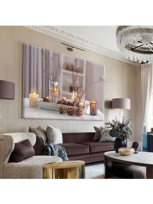 Harikabirev|kahverengi-Beyaz Mum Dekor Kombinli Tablo |tekli Çerçevesiz Yatay Kanvas Tablo