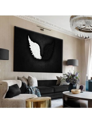 Harikabirev|siyah-Beyaz Kanat Detayli Tablo |tekli Çerçevesiz Yatay Kanvas Tablo