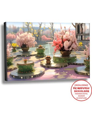 Harikabirev Kanvas-Duvar-Salon Tablosu Yağlı Boya Efektli Manzara Pembe Çiçekler Art|tekli Yatay Çerçevesiz