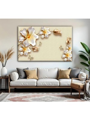Harikabirev | Krem-Gold Renkler Çiçek  Modeli | Tekli Yatay Kanvas Tablo