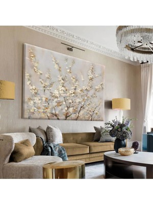 Harikabirev|beyaz-Krem Çiçek Detayli Ağaç Tablosu|tekli Çerçevesiz Yatay Kanvas Tablo
