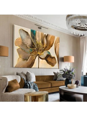 Harikabirev|sarı-Krem-Kahve Çiçek Desenli Tablo|tekli Çerçevesiz Yatay Kanvas Tablo