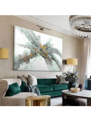 Harikabirev|beyaz-Yeşil-Gri Soyut Desenli Tablo 2|tekli Çerçevesiz Yatay Kanvas Tablo