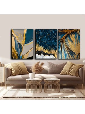 Harikabirev Lacivert-Gold Soyut Modern Tablo 01 | 3lü Dikey Çerçevesiz Kanvas Tablo Çsdkyknvs