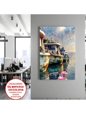 Harikabirev Kanvas-Duvar-Salon Tablosu Çiçekli Tekne | Dikey Çerçevesiz Kanvas Tablo