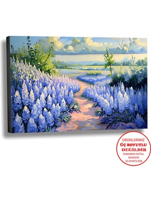 Harikabirev Kanvas-Duvar-Salon Tablosu Yağlı Boya Efektli Manzara Mavi Çiçekli Yol Art|tekli Yatay Çerçevesiz