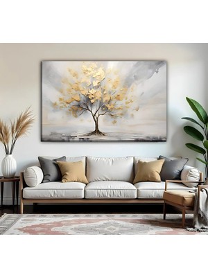 Harikabirev | Gold Ağaç Desenli Modeli | Tekli Yatay Kanvas Tablo