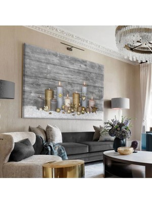 Harikabirev|beyaz-Gold-Krem Mum Tablosu 2 |tekli Çerçevesiz Yatay Kanvas Tablo