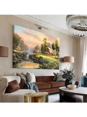 Harikabirev|yeşil-Sarı-Kırmızı Köy Manzara Tablosu |tekli Çerçevesiz Yatay Kanvas Tablo