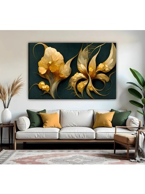 Harikabirev | Sarı-Yeşil Soyut Çiçek Desenli Modeli | Tekli Yatay Kanvas Tablo