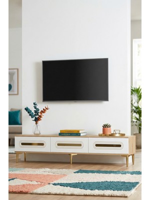 Yumedi Design TSA1806DBG - Ethema Tv Stand , Tv Sehpası 180CM Safirmeşe-Beyaz-Gold