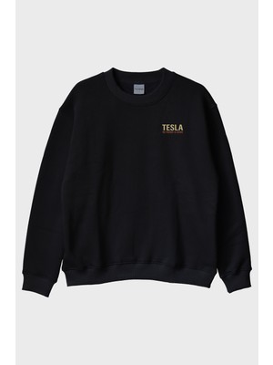 Lofux Tesla Slogan Siyah Bisiklet Yaka Sweatshirt