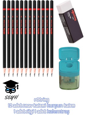 Rotring 12 Adet Sınav Kalemi Kurşun Kalem 1 Adet Silgi 1 Adet Kalemtraş Siyah Tek Ebat