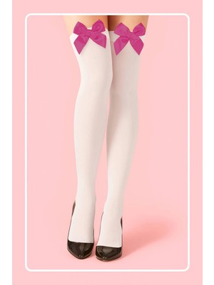 Amora Secret Özel Tasarım Fuşya Fıyonklu Beyaz Jartıyer Çorabı TM1379