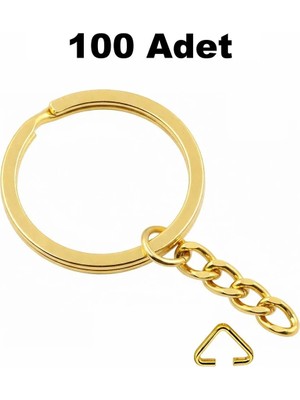 Orhan Çanta 100 Adet Gold Ezme Zincirli Anahtarlık Halkası Üçgen Bağlantı Aparatlı - 25 mm Altın Renk Kolay Montaj Anahtarlık Ucu