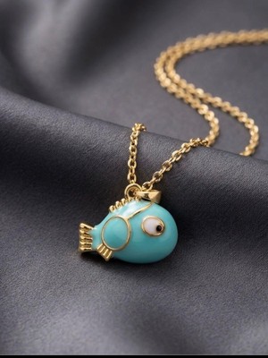 Wind Silver Turkuaz Mine Işlemeli Altın Rengi Balık Kolye