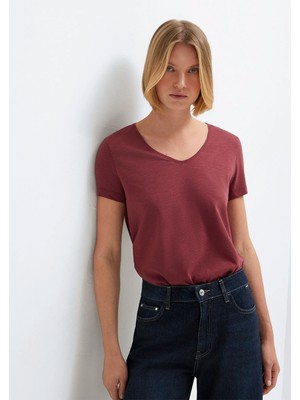 Mavi V Yaka Bordo Basic Tişört 1614176-70412