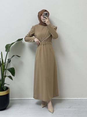 Moda Morfo Taş Işlemeli Kemerli Krep Elbise -Vizon