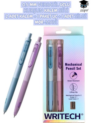 0,5 mm Versatil Uçlu Kurşun Kalem Seti 2 Adet Kalem + 1 Paket Uç + 1 Adet Silgi Mor-Mavi Writech Çok Renkli Tek Ebat