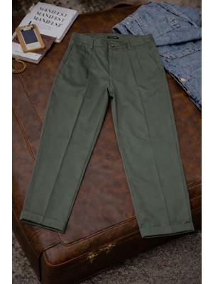 Damga Erkek Günlük Pamuklu Duble Paça Bol Haki Kumaş Pantolon