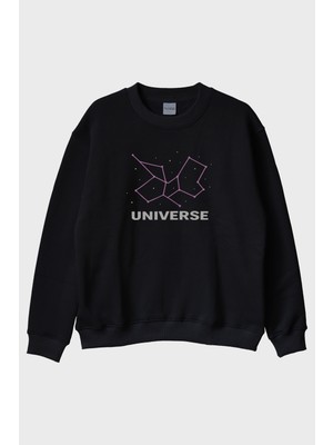 Nuugg Kozmik Yıldız Desenli Siyah Bisiklet Yaka Sweatshirt