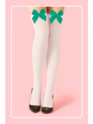 Amora Secret Özel Tasarım Yeşıl Fıyonklu Beyaz Jartıyer Çorabı TM1380