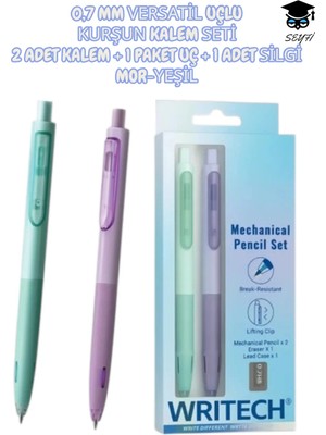 0,7 mm Versatil Uçlu Kurşun Kalem Seti 2 Adet Kalem + 1 Paket Uç + 1 Adet Silgi Mor-Yeşil Writech Çok Renkli Tek Ebat
