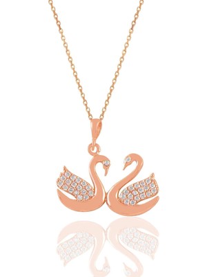 PremiumPort Gümüş Rose Zirkon Taşlı Çift Kuğu Kolye, Zarif ve Şık Takı Parçası