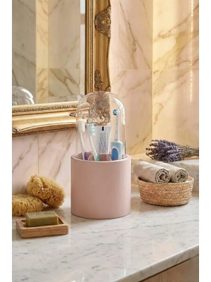 Poomy 7 Bölmeli Mika Kapaklı Toz Geçirmez Diş Fırçalık ve Macun Organizeri Banyo Düzenleyici Pembe