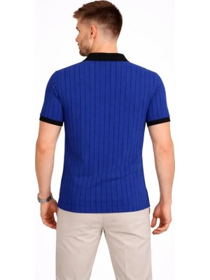 Lunelis Erkek Polo Yaka Çizgili Tişört Kısa Kol Düğmeli Yazlık T-Shirt - Saks Mavisi