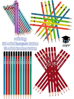 Rotring 36 Adet Kurşun Kalem 12 Adet Kırmızı Kalem Çok Renkli Tek Ebat