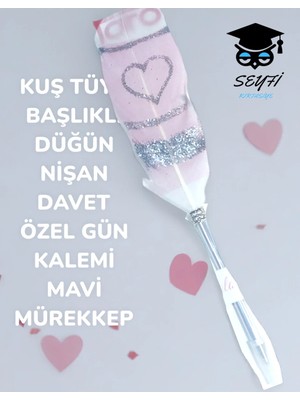 Kuş Tüyü Başlıklı Düğün Nişan Davet Özel Gün Kalemi Mavi Mürekkep Kırmızı Tek Ebat