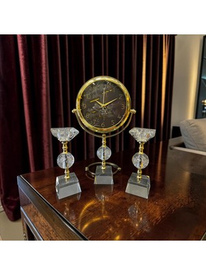 Sleep Nova Crystal Gold Dekoratif Masa Saati Seti – Lüks Cam & Metal Modern Salon ve Ofis Aksesuarı