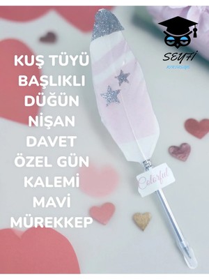 Kuş Tüyü Başlıklı Düğün Nişan Davet Özel Gün Kalemi Mavi Mürekkep Turuncu Tek Ebat
