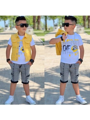 Burçak Butik Erkek Çocuk Kot Yelek / Tişört / Kot Pantolon 3 Parça Takım - Bayramlık - Yazlık