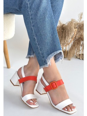 Beruflic Year Beyaz Cilt Turuncu Detaylı Beyaz Topuklu Ayakkabı Luxury Shoes