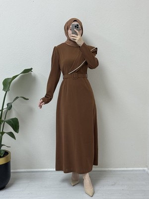 Moda Morfo Taş Işlemeli Kemerli Krep Elbise -Kahve