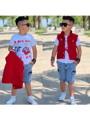 Burçak Butik Erkek Çocuk Kot Yelek / Tişört / Kot Pantolon 3 Parça Takım - Bayramlık - Yazlık