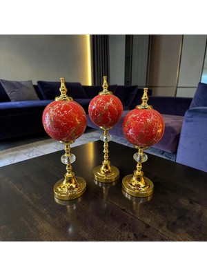 Sleep Nova Ruby Gold Küre Dekoratif Obje Seti – Kırmızı Mermer Desenli Lüks Modern Masa Üstü Ev Aksesuarı