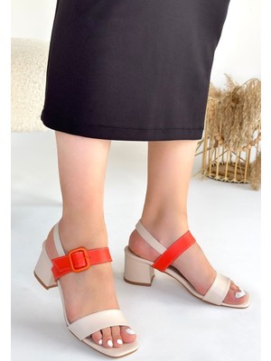 Beruflic Year Bej Cilt Turuncu Detaylı Topuklu Ayakkabı Luxury Shoes