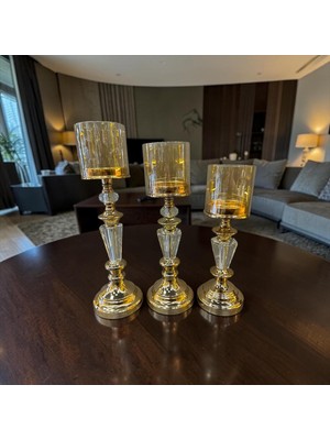 Sleep Nova Crystal Gold Şamdan Mumluk Seti – Lüks Cam & Metal 3’lü Masa Üstü Dekoratif Aksesuar