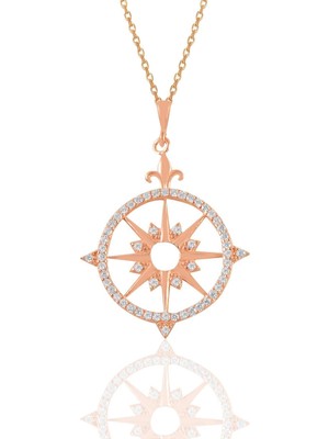 PremiumPort Gümüş Rose Zirkon Taşlı Pusula Kolye, Şık ve Zarif Takı Hediye